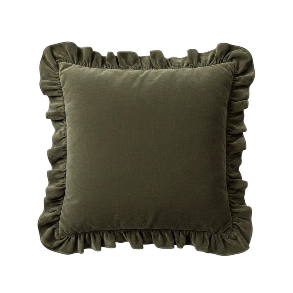 VTG Ralph Lauren Olive Green Velvet Ruffled Euro Pillow Sham 100% Cotton